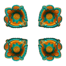 Floral Decorative Clay Diya for Diwali - Turquoise Green