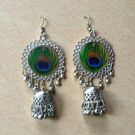 Antique Silver Peacock Feather Oxidized Jhumka Earrings