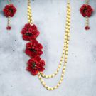 red artificial flower jewellery set