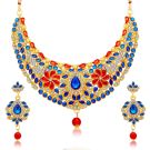 gold plated necklace with blue, red, and silver diamond accents