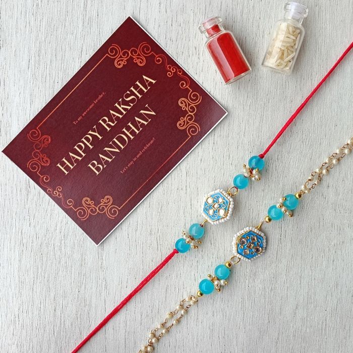 meenakari couple rakhi set for bhaiya bhabhi - blue colored