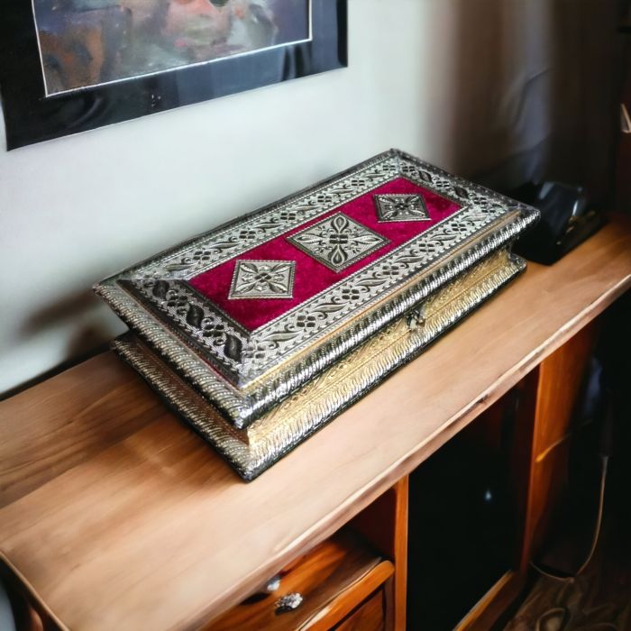 rectangular meenakari dryfruit box placed on side table
