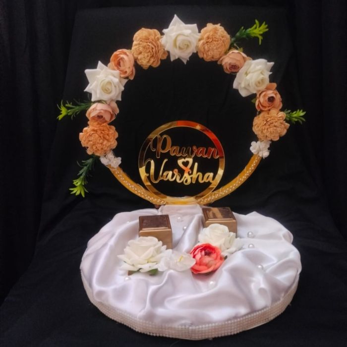 Personalized Engagement Ring Platter With Acrylic Name Of Groom And Bride - beige and white flowers with LED