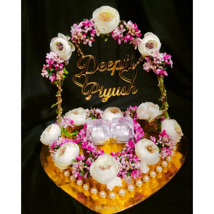 Heart shaped floral engagement ring platter - personalized with acrylic names of bride and groom