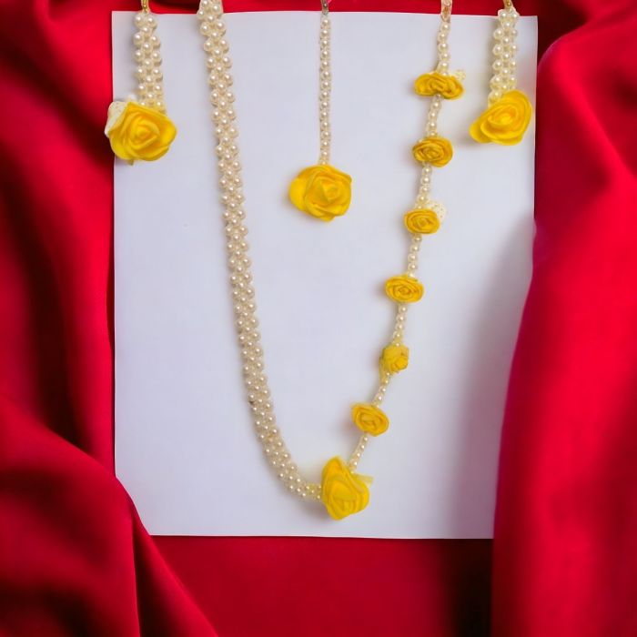 beaded chain style yellow flower jewellery set for haldi - lifestyle image 