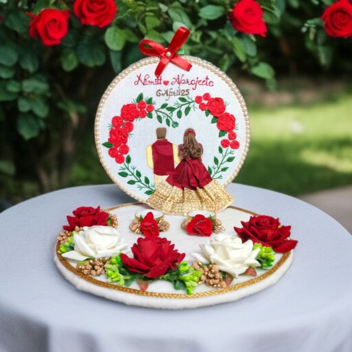 floral engagement ring platter with embroidery hoop art