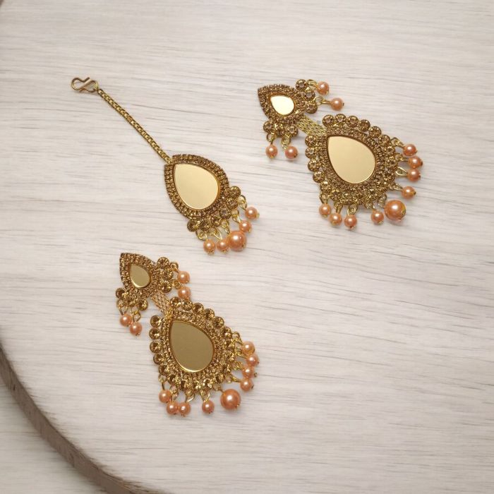 mirror earring and maangtika set