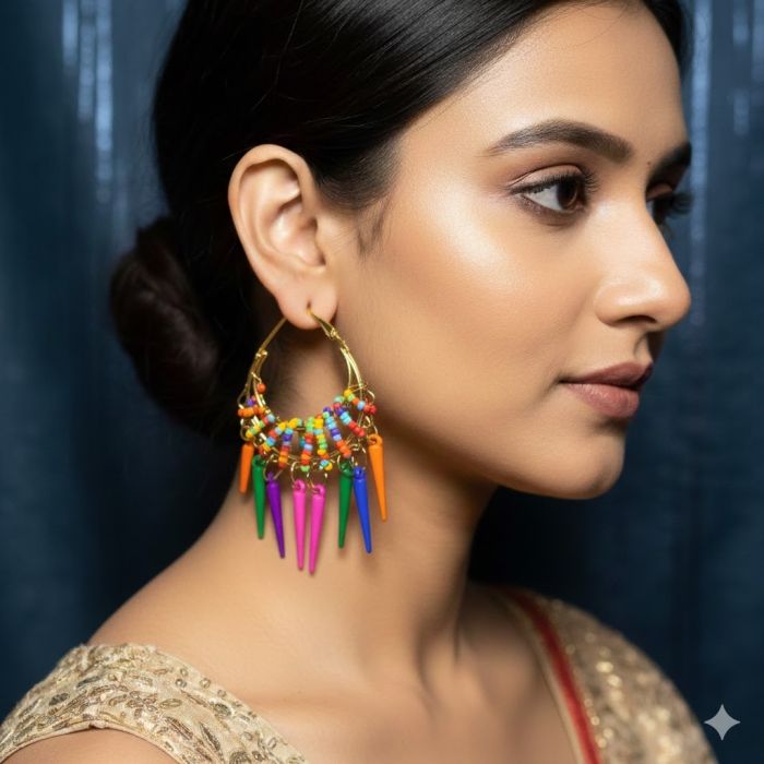 model wearing multicolor seedbead hoop earrings with spike fringe