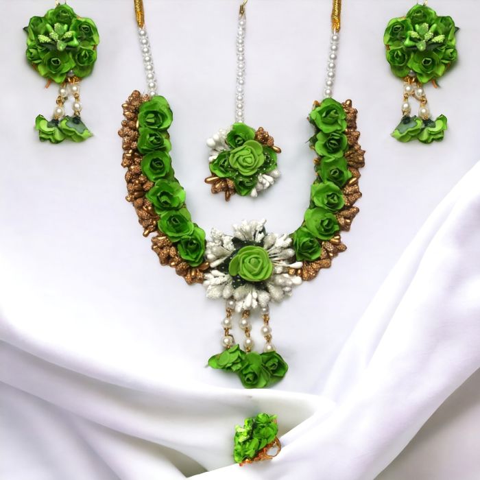 green artificial flower jewellery set for mehndi