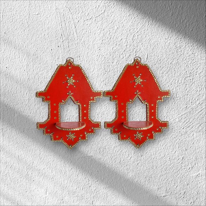 red jharokha style wooden wall mounted diya stand - set of 2 
