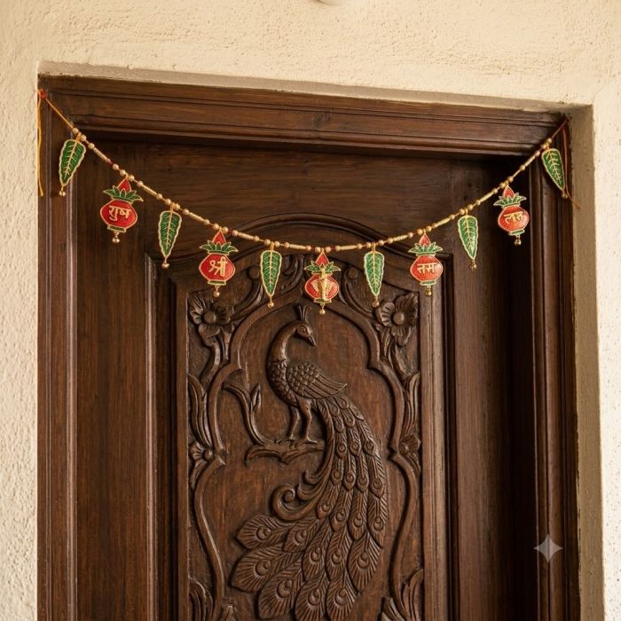 alluminum shubh labh, ganesha metal toran hanging on wooden door at the entrance 