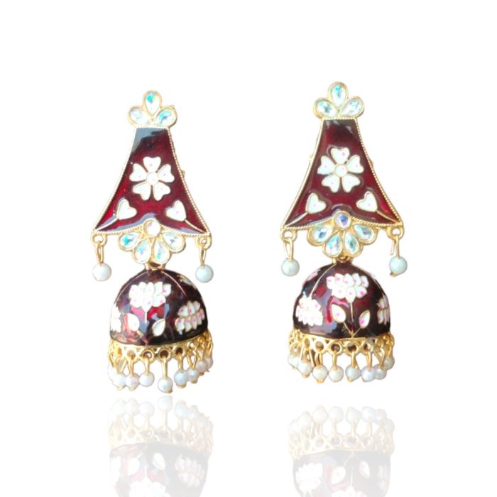maroon meenakari jhumka earrings on white background 