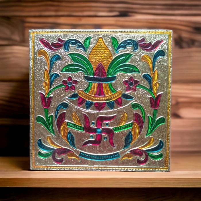 square meenakari wooden chowki for puja placed on table 