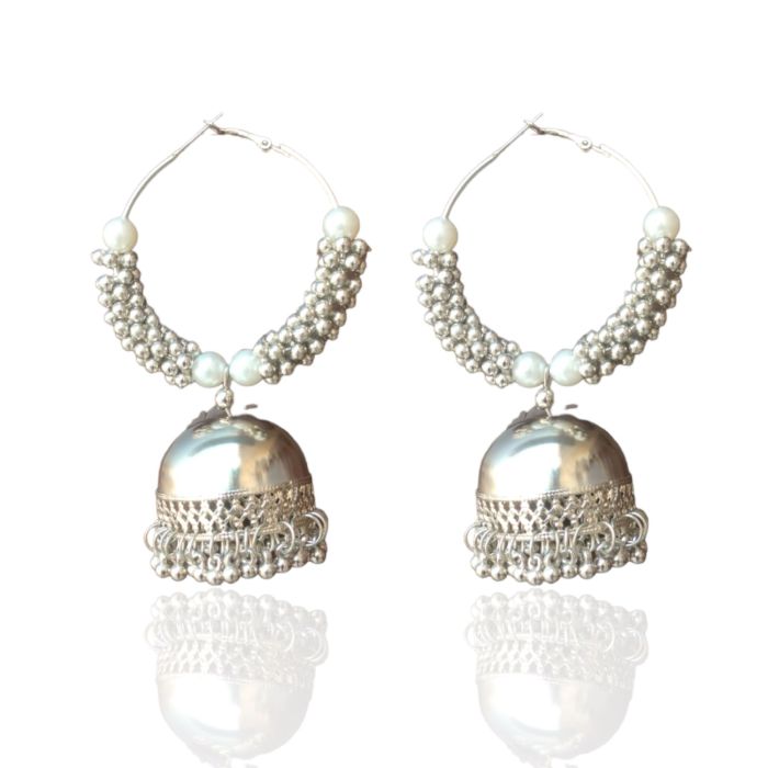 Oxidised Hoop Jhumkas Silver on white background

