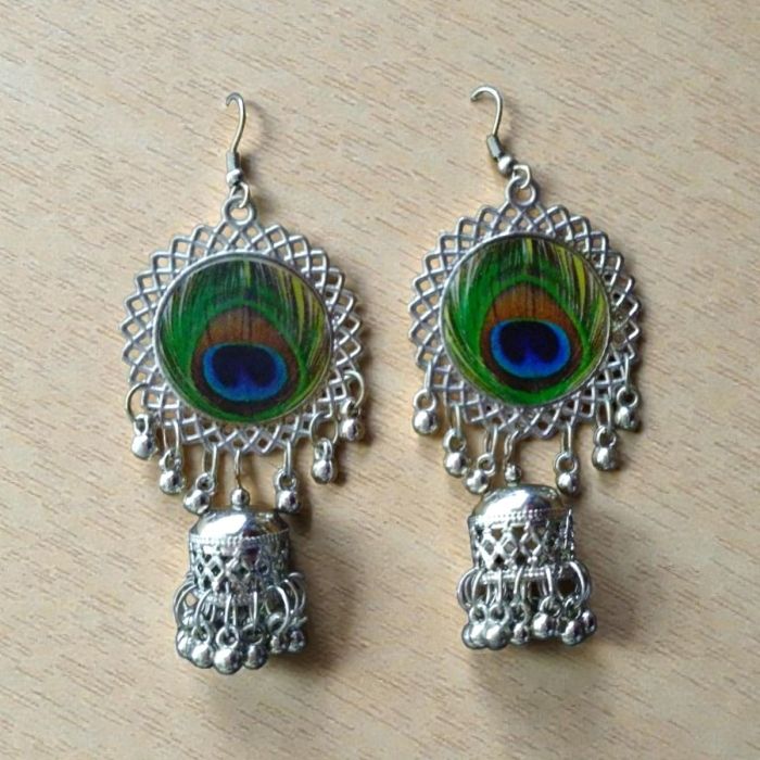 peacock themed oxidized jhumka earrings