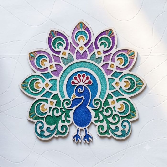 peacock wooden rangoli stencil with color filled