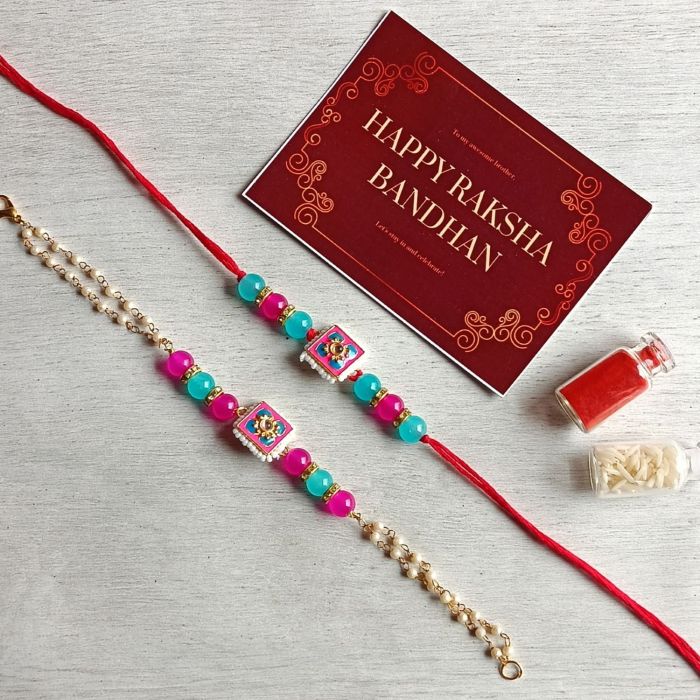 pink blue meenakari rakhi set for bhaiya bhabhi