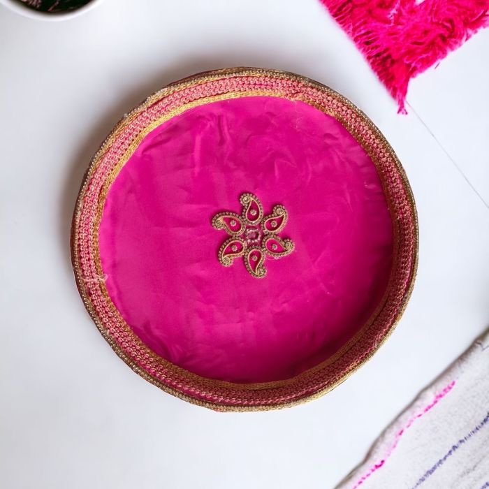 pink steel pooja thali - 12 inches wide diametrically