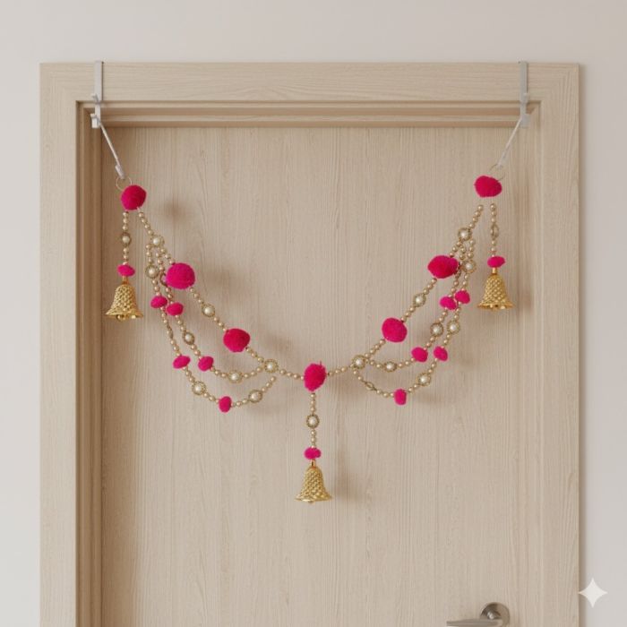 layered golden bead and pink pompom toran 