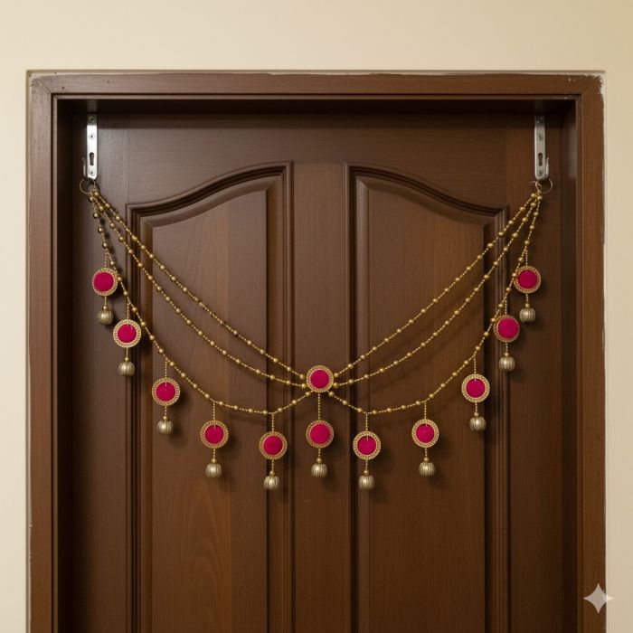 golden beads and pink pompom toran hanging on door