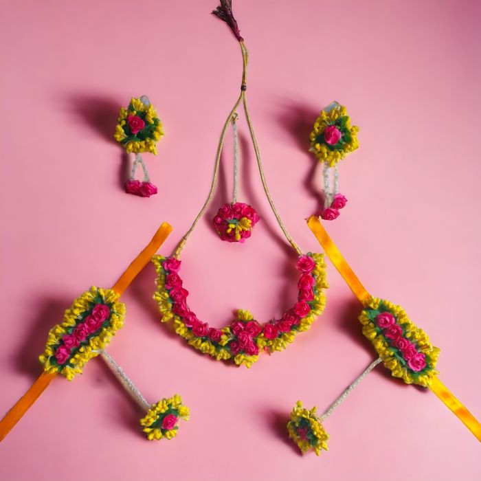 Yellow pink flower jewellery set