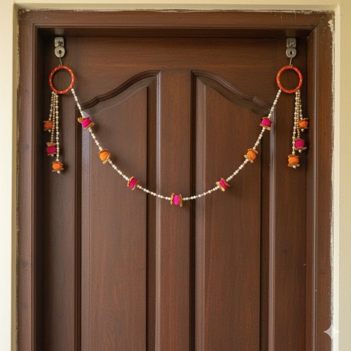 pompom pearl toran hanging on dark teakwood door 