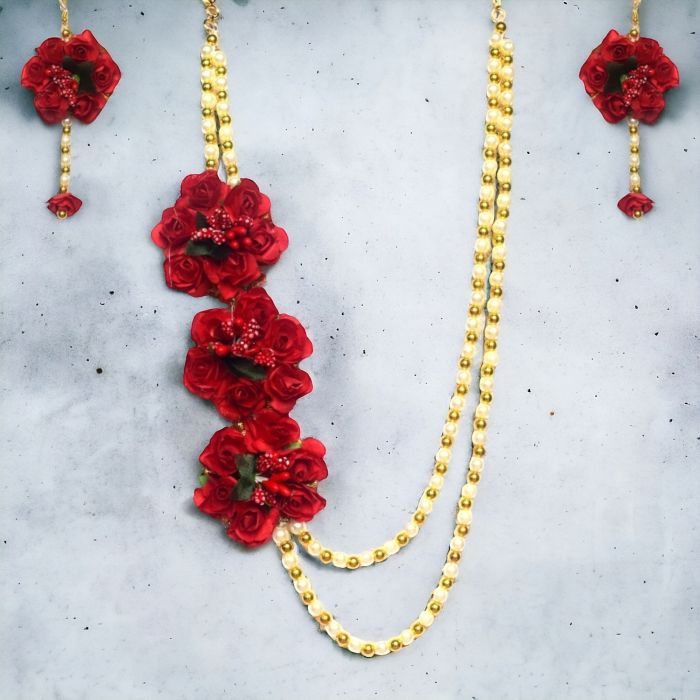 red artificial flower jewellery set