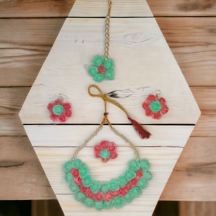 sea green and pink flower jewellery set 
