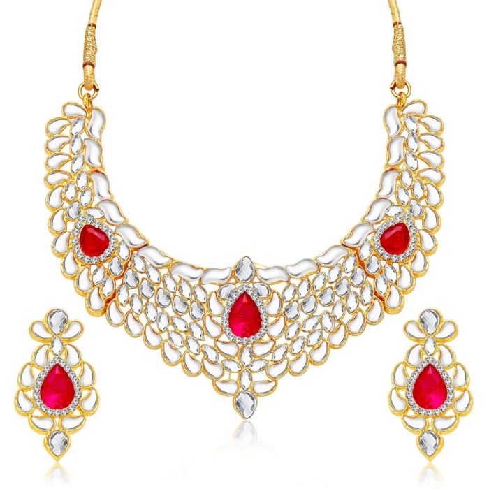 gold plated white kundan necklace set with red  accents