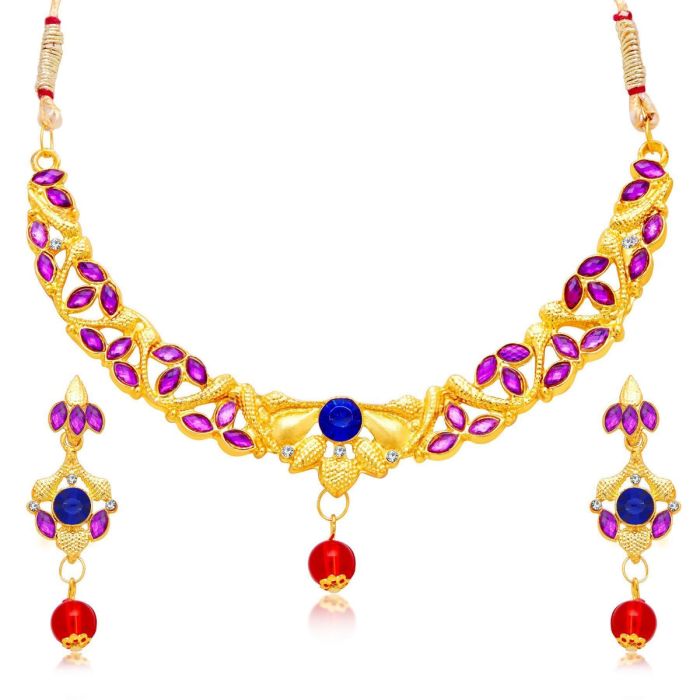 gold plated jewellery set - pink necklace set for girls and women