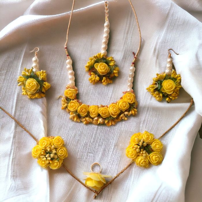 yellow artificial flower jewellery set for bride - lifestyle image