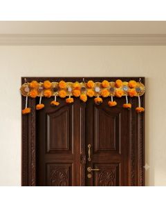 Gota and mirror work artificial marigold flower toran hanging on door's frame