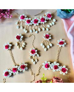 pink kaudi jewellery set for haldi - shell jewellery set