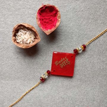 Resin Rakhi Bracelet for Elder Brother - Red, Square shaped