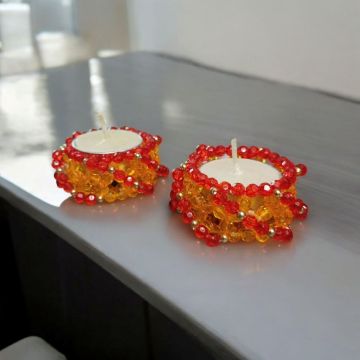 red yellow crystal beaded tealight candle holder