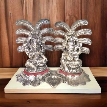 Lord Ganesha & Goddess Lakshmi Idol for Diwali Pooja - 5.5 inches (Oxidized Metal, Silver)