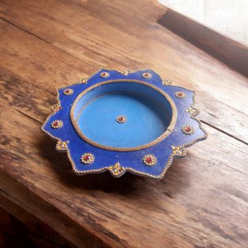 Wooden Pooja Thali Decorative - Blue, 10 inches