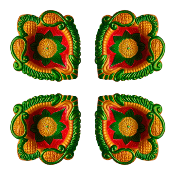 Floral Decorative Clay Diya for Diwali - Metallic Green