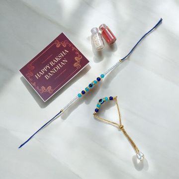 evil eye rakhi set for bhaiya and bhabhi with roli chawal pack