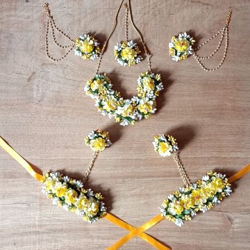 white-yellow fabric flower jewellery set for bride