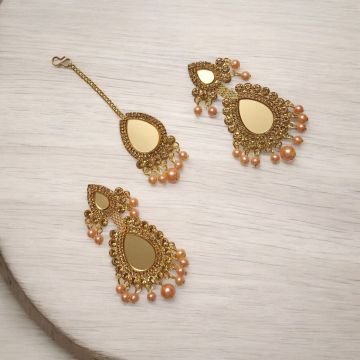 mirror earring and maangtika set