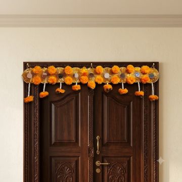 Gota and mirror work artificial marigold flower toran hanging on door's frame