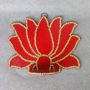 red lotus shaped wall mounted diya stand - wooden 