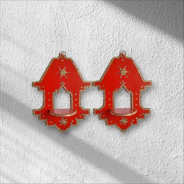red jharokha style wooden wall mounted diya stand - set of 2 