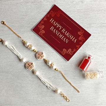 Peach Meenakari Pearl Rakhi for Brother and Bhabhi