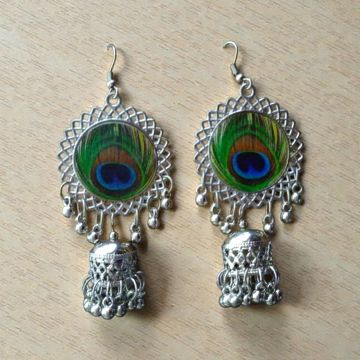 Antique Silver Peacock Feather Oxidized Jhumka Earrings