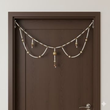 pearl toran hanging on teak brown main door 