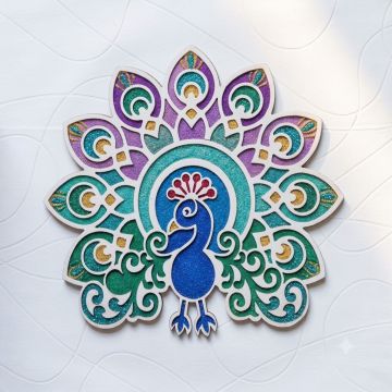 peacock wooden rangoli stencil with color filled