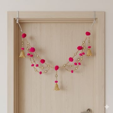 layered golden bead and pink pompom toran 