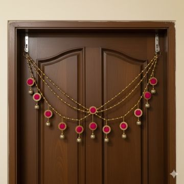 golden beads and pink pompom toran hanging on door